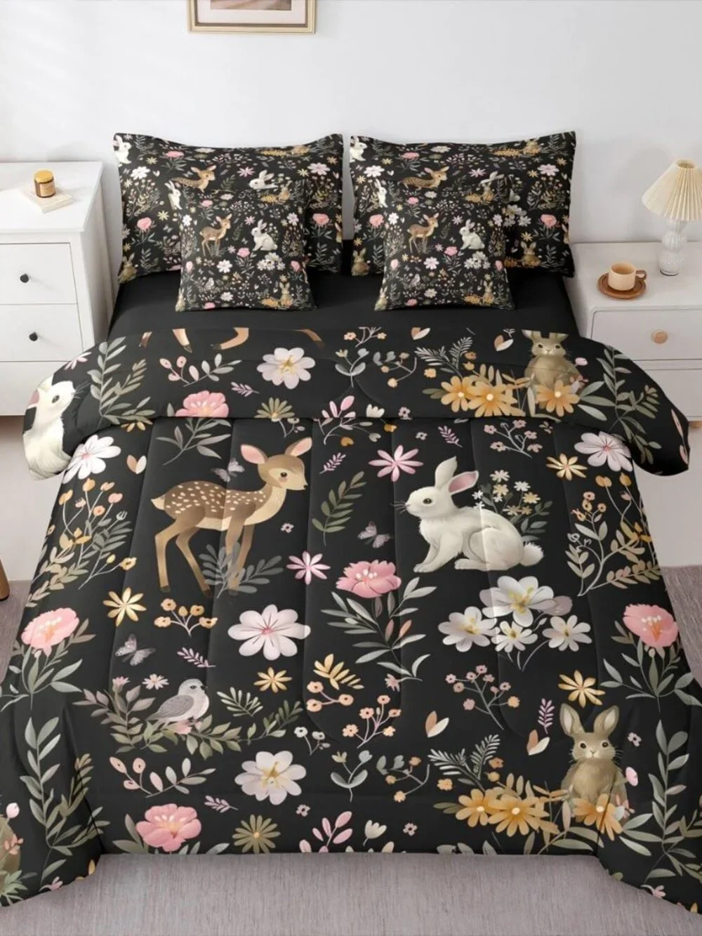 Cute Deer and Rabbit 7 Piece Bedding Set Floral Flower Comforter Set with Sheets